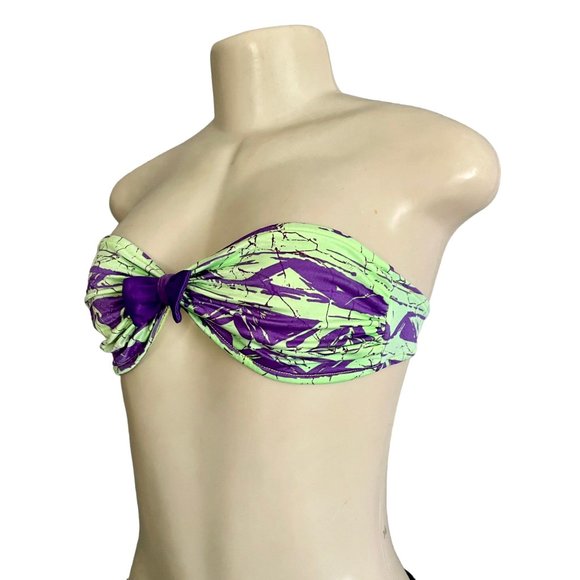 Vintage 80s Strapless Bikini Top by Rik Rik size S in Neon Green & Purple Retro - Picture 2 of 9